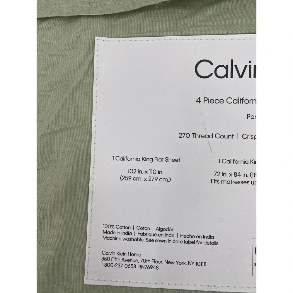 Calvin Klein Sheet Set California King Sage Green 100% Cotton Percale 270TC 4pc
